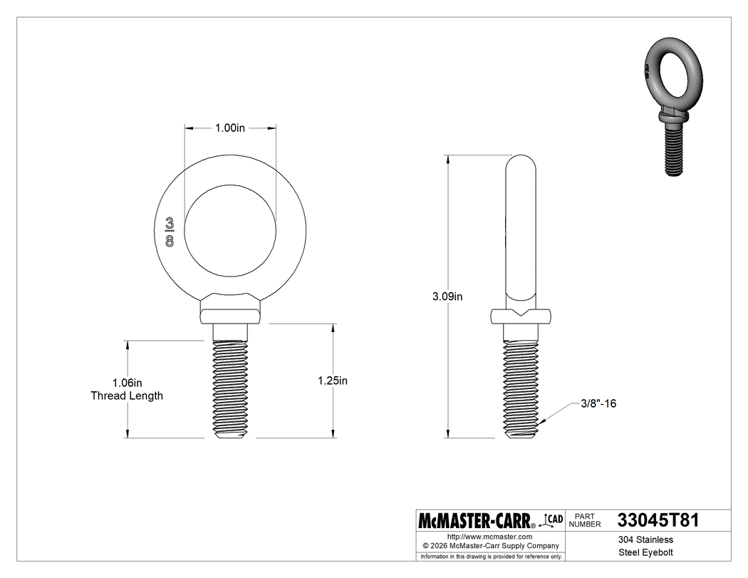Technical Drawing of 304 Stainless Steel Eyebolt, with Shoulder-for Lifting, 3/8"-16 x 1-1/16" Thread Length .